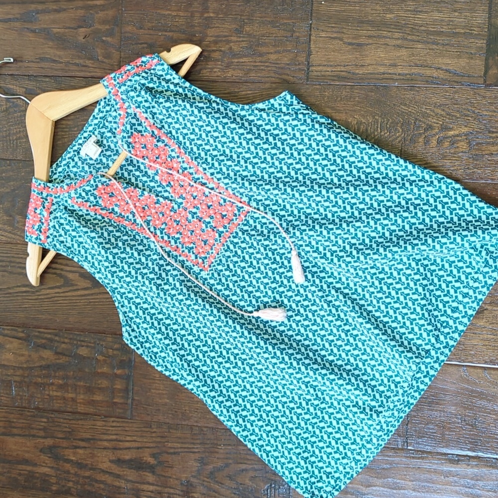 J. CREW I Blue & Pink Sleeveless Embroidered V-Neck Blouse Top with Tassels, 6 - Picture 2 of 11